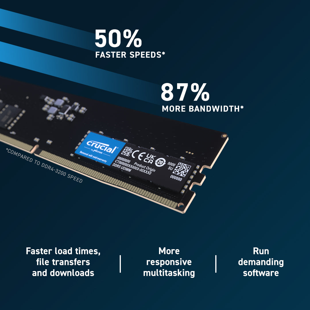 Crucial DDR5 5200Mhz Desktop RAM 16GB 32GB UDIMM CL42 (16GBIT) RAM | XMP 3.0 Compatible Crucial DDR5 5200Mhz Desktop RAM 16GB 32GB UDIMM CL42 (16GBIT) RAM | XMP 3.0 Compatible